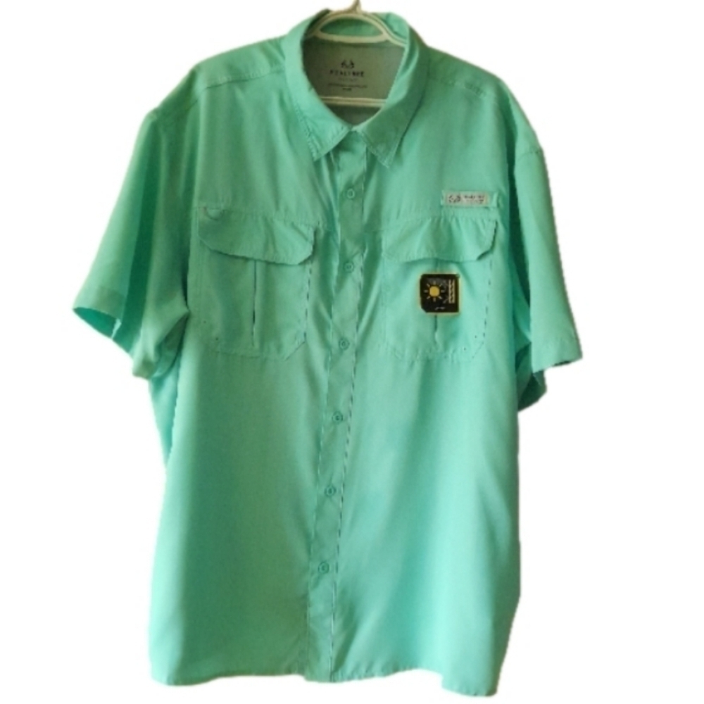 Realtree Fishing Men's Shirt Short Sleeve 2XL Green Vented Cape UPF 40 Pockets